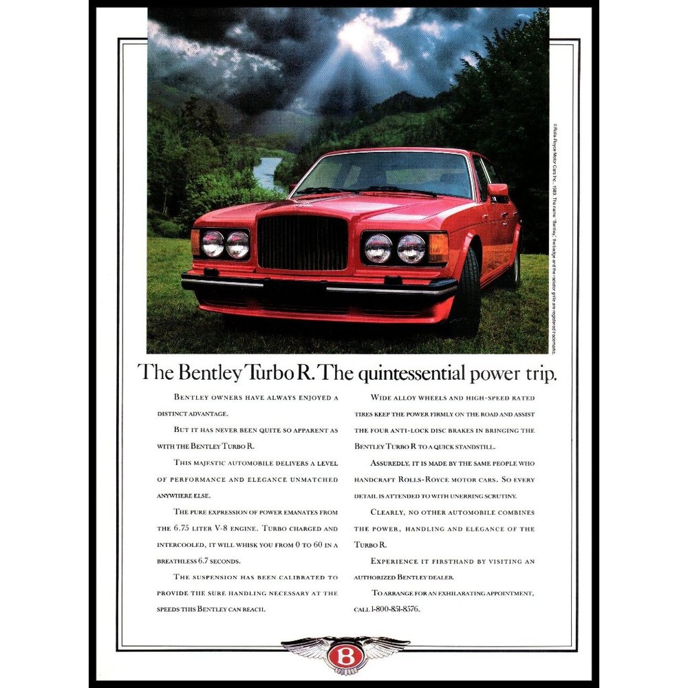 1989 Bentley Turbo R Luxury Sports Sedan Vintage Print Ad Nature Clouds Wall Art